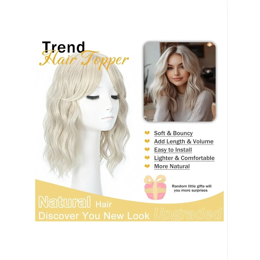 TYQ Hair Topper 14 Inch White Blonde 60/503 Synthetic Curly Wavy Clip In Bangs
